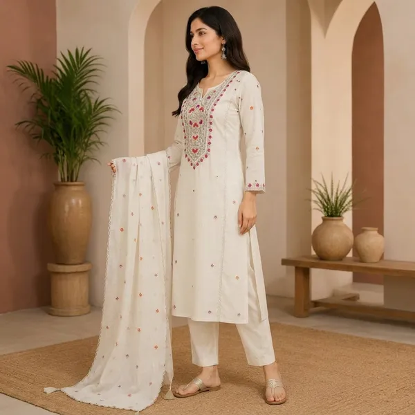 White_Cotton_Straight_Floral_Embroidered_And_Hand_Work_Kurta_Set_For_Women