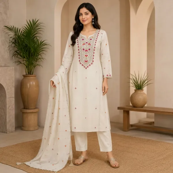 White_Cotton_Straight_Floral_Embroidered_And_Hand_Work_Kurta_Set_For_Women