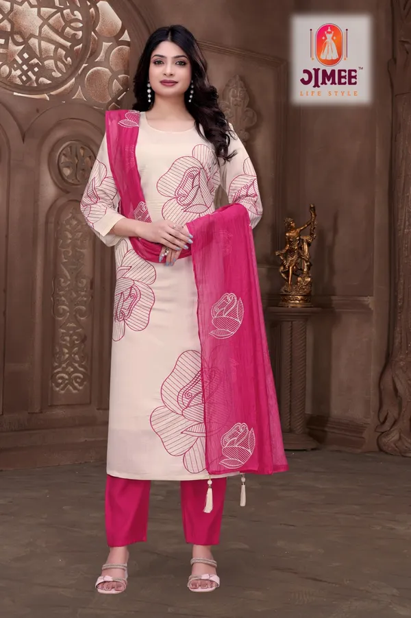 Cream_And_Rani_Top_Bottam_Roman_Inner_Cotton_Straight_Floral_Embroidery_Work_Kurta_Set_For_Women