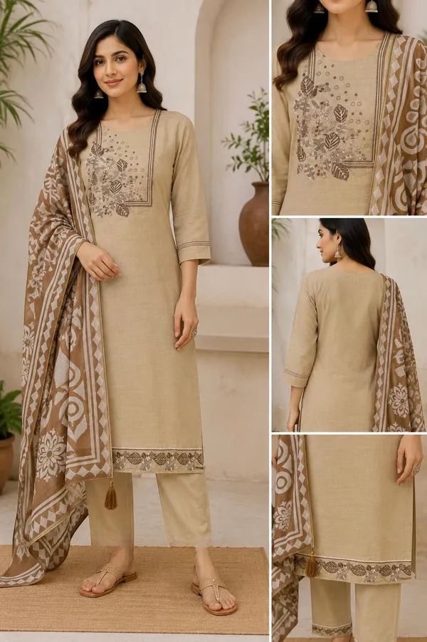 Beige_Jamdani_Cotton_Straight_Embroidered_Kurta_Set_For_Women
