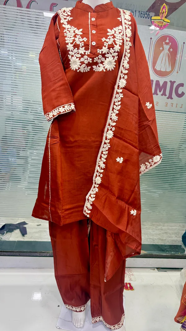 Rust_Top-Duptta_Mal_Chanderi_Inner_Cotton_Straight_Embroidered_Kurta_Set_For_Women