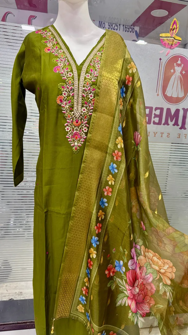 Mehndi_Green_Top-Bottam_Roman_Duptta_Jecard_Print_Inner_Cotton_Straight_Embroidered_And_Hand_Work_Salwar_Suit_For_Women