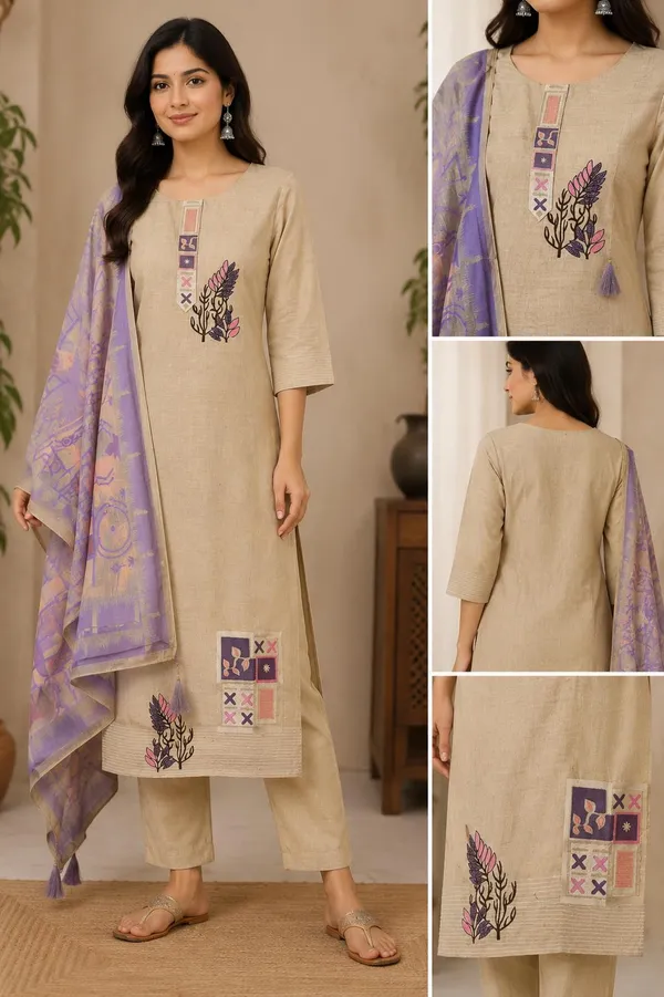 Beige_Jamdani_Cotton_Duptta_Jecard_Straight_Embroidered_Kurta_Set_For_Women