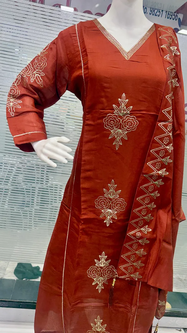 Rust_Orange_Top-Dupatta_Mal_Chaneri__Bottom_Roman_Inner_Cottan_Straight_Floral_Pitta_Work_Kurta_Set_For_Women