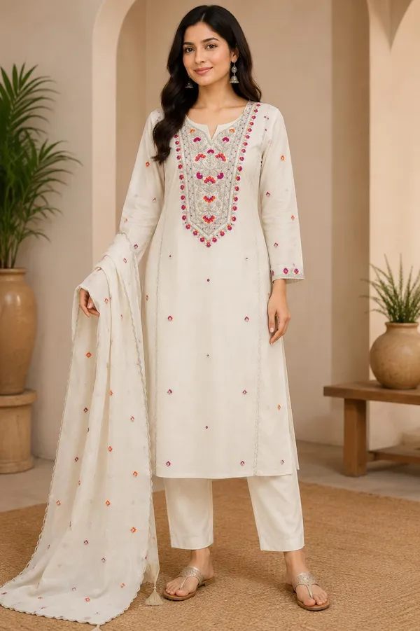 White_Cotton_Straight_Floral_Embroidered_And_Hand_Work_Kurta_Set_For_Women