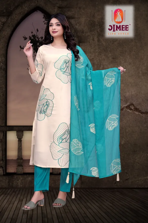 Cream_And_Rama_Blue_Top_Bottom_Roman_Dupatta_mal_chanderi_Inner_Cotton_Straight_Floral_Embroidered_Kurta_Set_For_Women