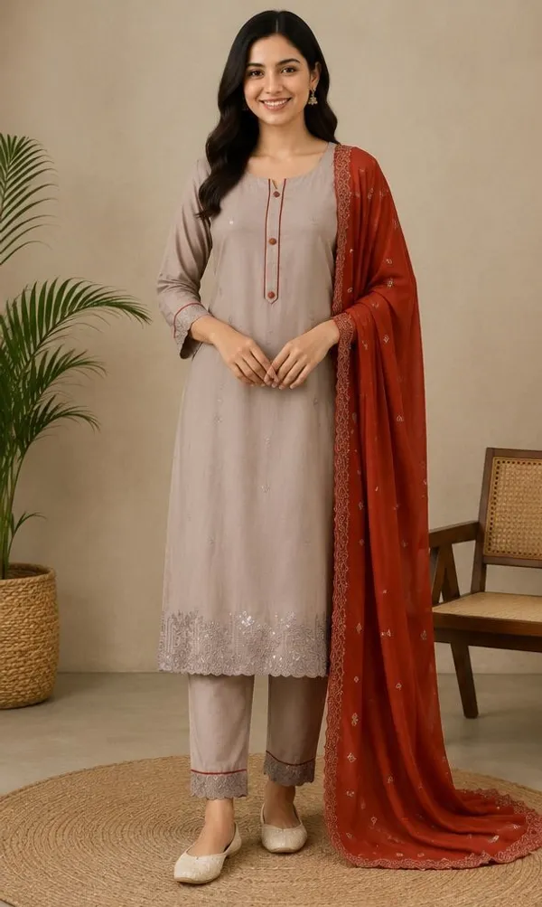 Beige_And_Rust_Orange_Top_Duptta_Bottom_Roman_Inner_Cotton_Relaxed_Embroidered_Kurti_For_Women