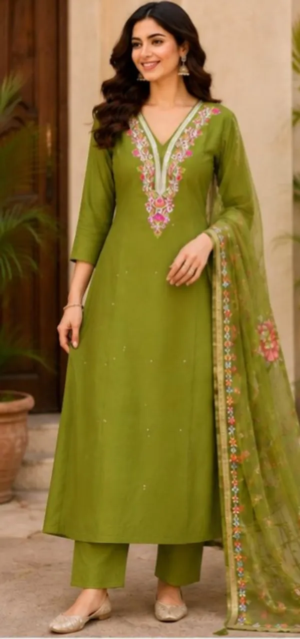 Mehndi_Green_Top-Bottam_Roman_Duptta_Jecard_Print_Inner_Cotton_Straight_Embroidered_And_Hand_Work_Salwar_Suit_For_Women