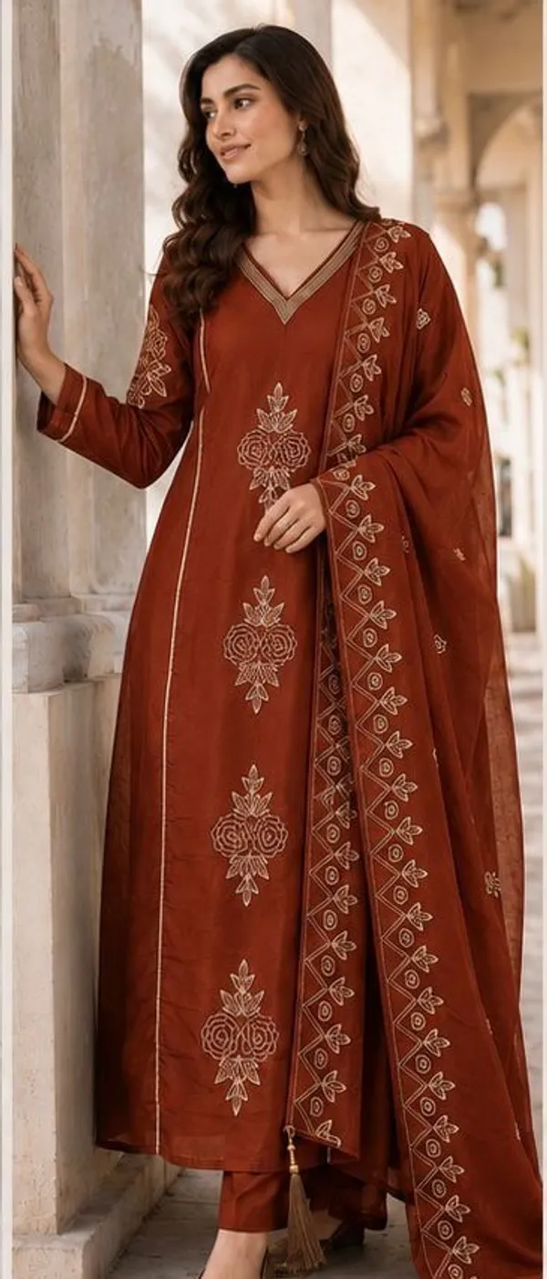 Rust_Orange_Top-Dupatta_Mal_Chaneri__Bottom_Roman_Inner_Cottan_Straight_Floral_Pitta_Work_Kurta_Set_For_Women