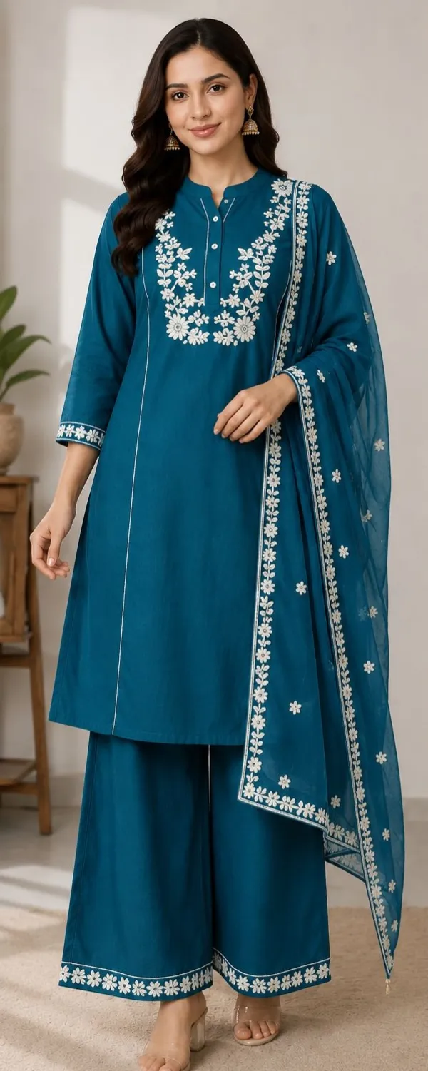 Blue_Top-Dupatta_Mal_Chanderi_Bottom_Roman_Inner_Cottan_Straight_Embroidered_Kurta_Set_For_Women