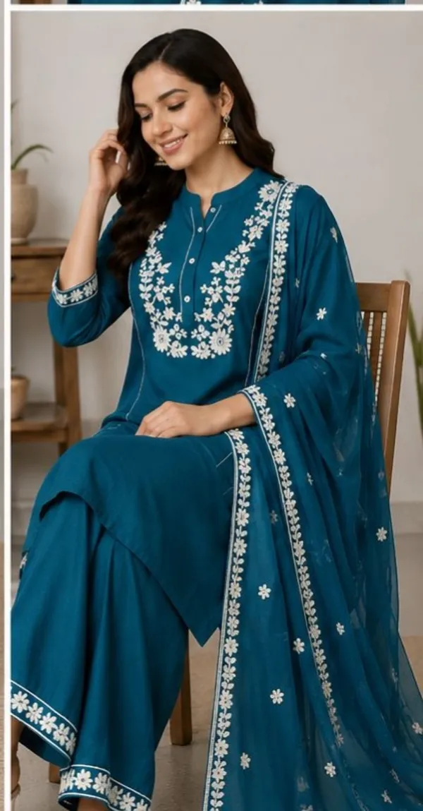 Blue_Top-Dupatta_Mal_Chanderi_Bottom_Roman_Inner_Cottan_Straight_Embroidered_Kurta_Set_For_Women