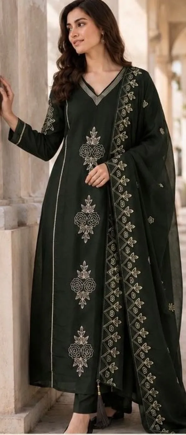 Mehandi_Top-Duptta_Mal_Chanderi__Inner_Cottan_Anarkali_Pitta_Work_Kurta_Set_For_Women