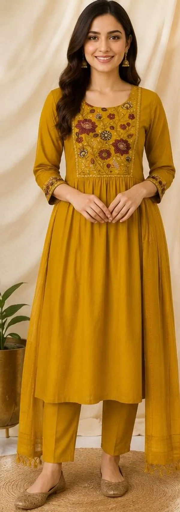Yellow_Top-Duptta_Mal_Chanderi_Bottam_Roman_Inner_Cotton_Relaxed_Floral_Embroidered_Kaftan_For_Women