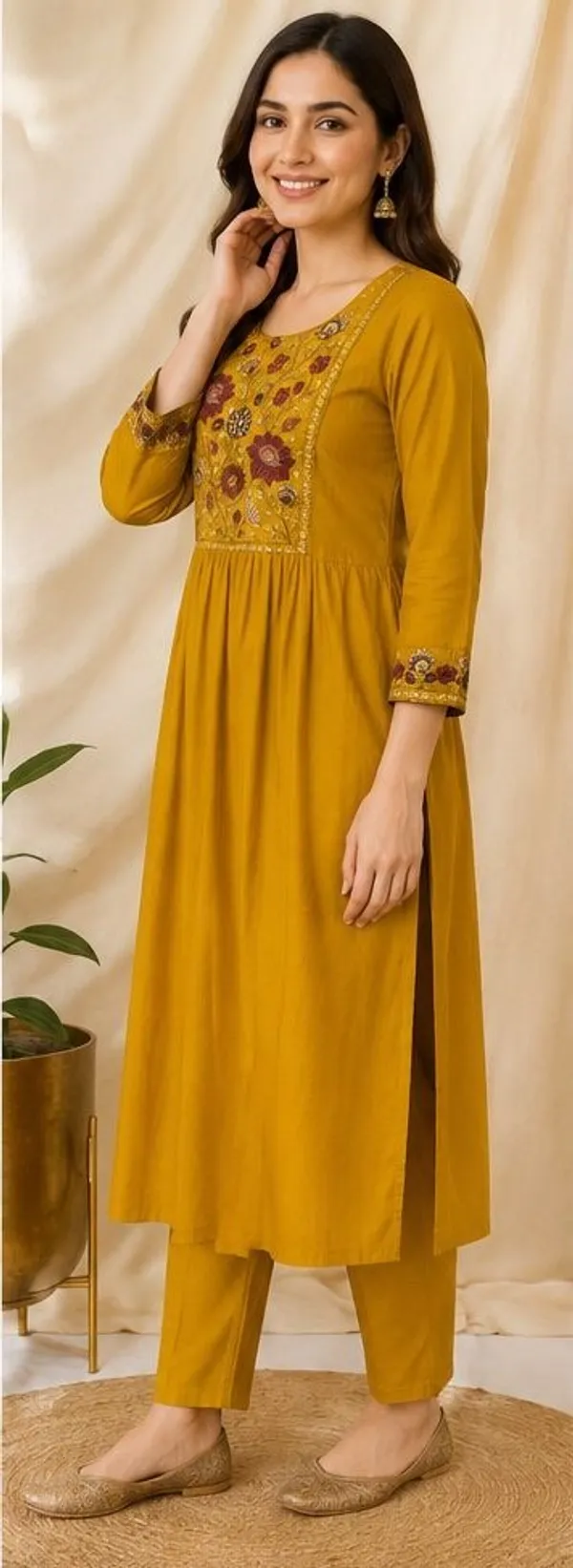 Yellow_Top-Duptta_Mal_Chanderi_Bottam_Roman_Inner_Cotton_Relaxed_Floral_Embroidered_Kaftan_For_Women