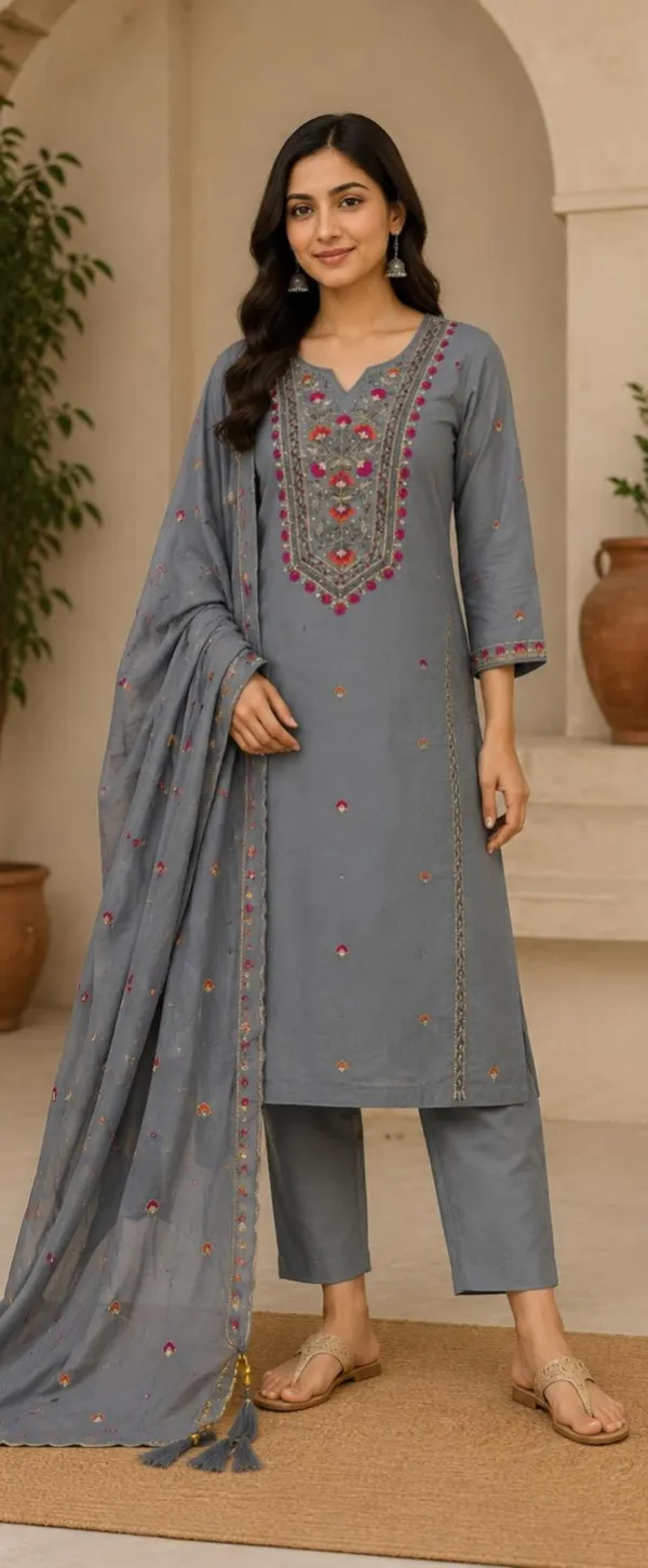 Grey_Mal_Cottan_Straight_Embroidered_And_Hand_Work_Kurta_Set_For_Women