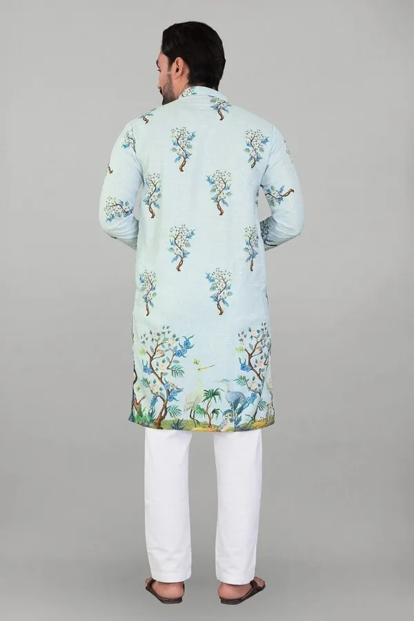 Sky_Blue_Rayon_Straight_Floral_Print_Long_Kurta_For_Men