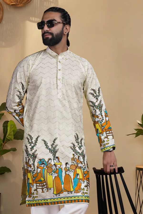 Cream_Rayon_Straight_Madhubani_Print_Kurta_For_Men