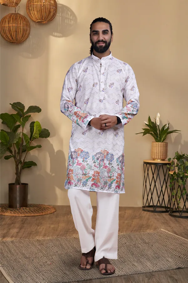 White_Rayon_Floral_Print_Regular_Kurta_For_Men