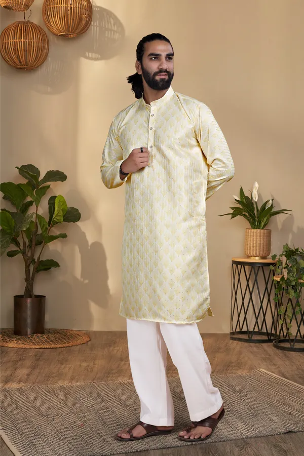 Lemon_Yellow_Rayon_Straight_Jacquard_Kurta_For_Men