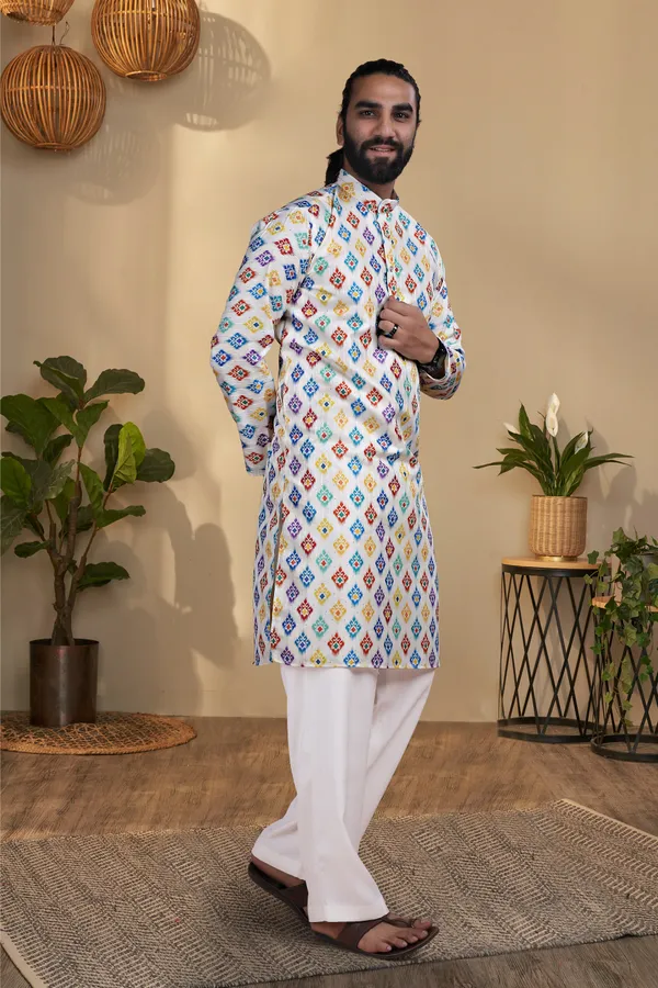 White_Rayon_Regular_Multicolor_Geometric_Print_Kurta_For_Men