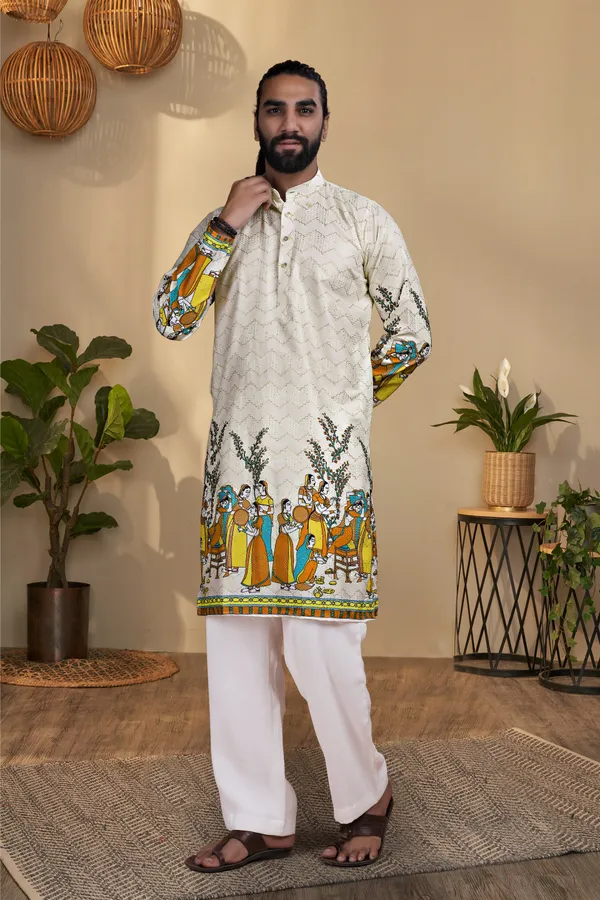 Cream_Rayon_Straight_Madhubani_Print_Kurta_For_Men