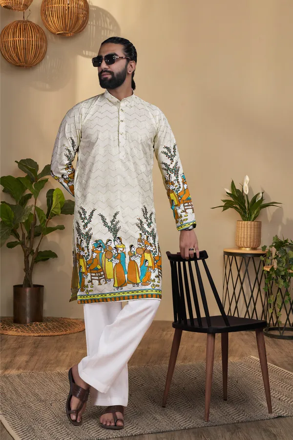 Cream_Rayon_Straight_Madhubani_Print_Kurta_For_Men