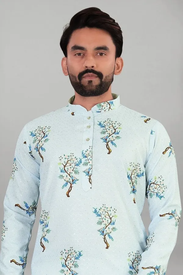 Sky_Blue_Rayon_Straight_Floral_Print_Long_Kurta_For_Men