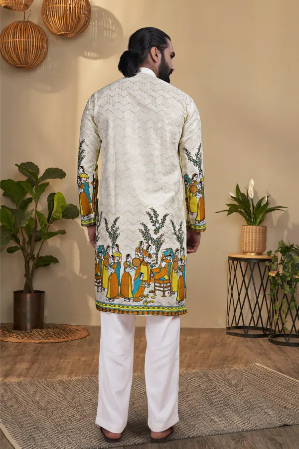 Cream_Rayon_Straight_Madhubani_Print_Kurta_For_Men
