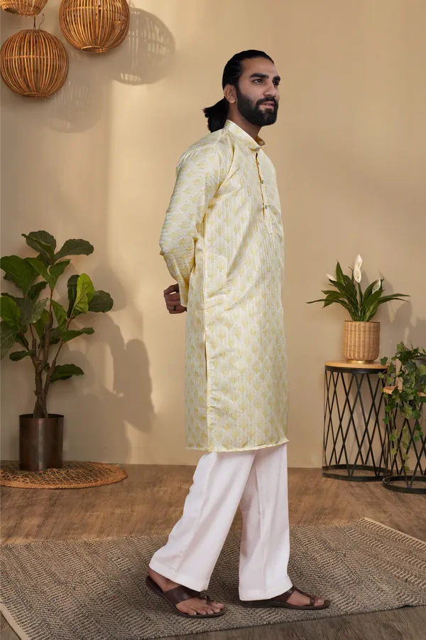 Lemon_Yellow_Rayon_Straight_Jacquard_Kurta_For_Men