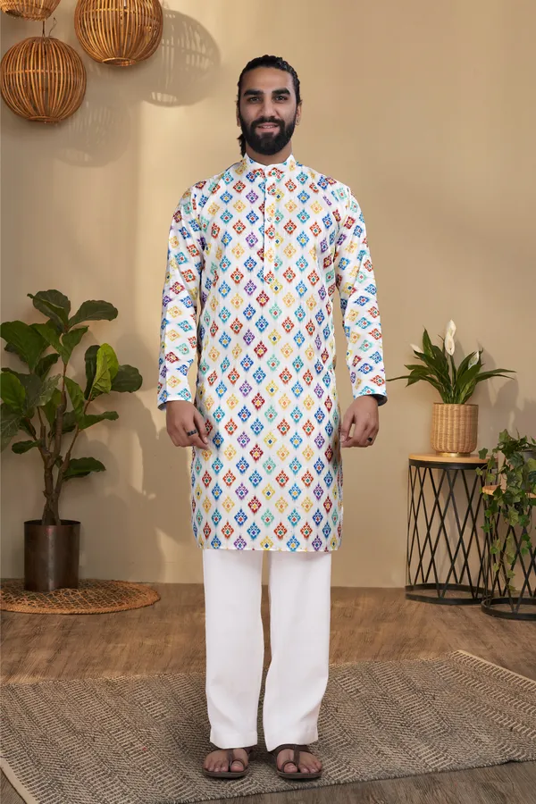 White_Rayon_Regular_Multicolor_Geometric_Print_Kurta_For_Men