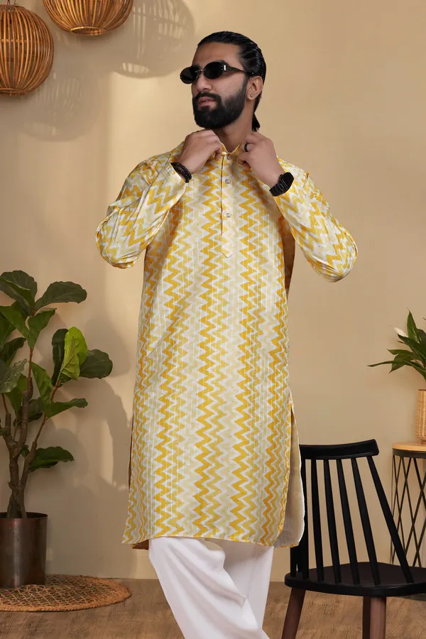 Yellow_Rayon_Zigzag_Print_Regular_Kurta_For_Men