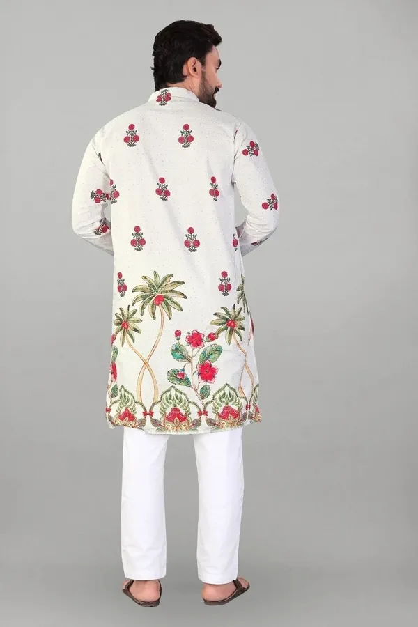 White_Rayon_Straight_Floral_Embroidered_Kurta_For_Men