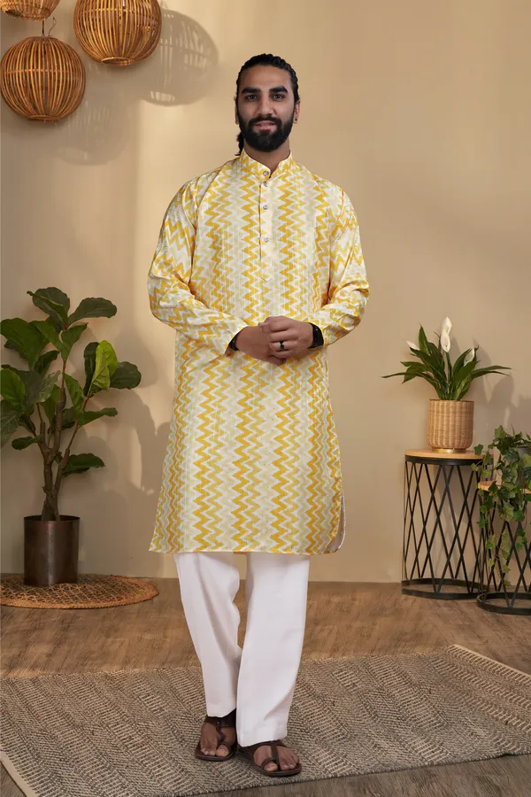 Yellow_Rayon_Zigzag_Print_Regular_Kurta_For_Men