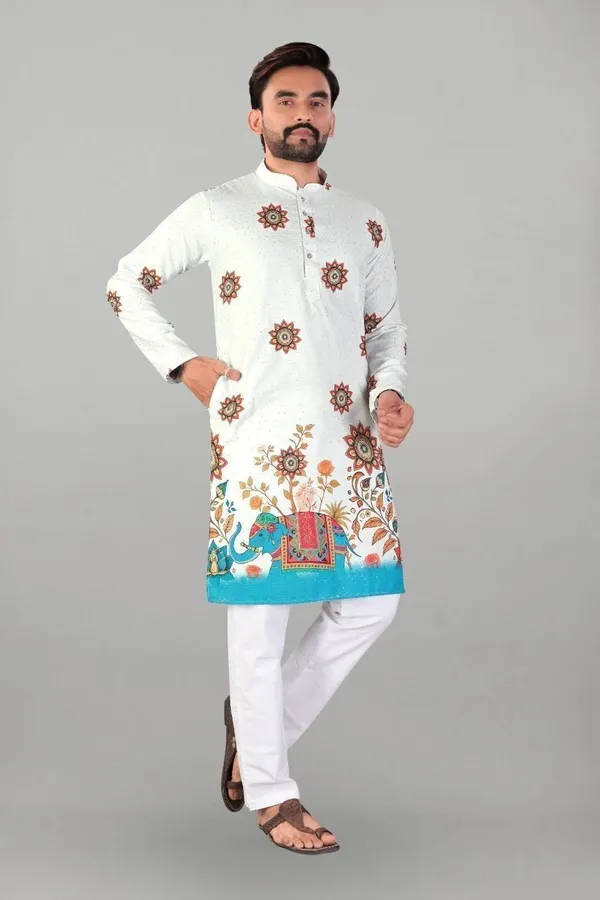 White_Rayon_Straight_Floral_Geometric_Print_Kurta_For_Men