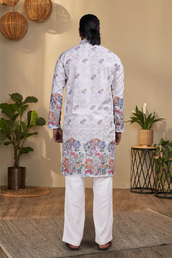 White_Rayon_Floral_Print_Regular_Kurta_For_Men