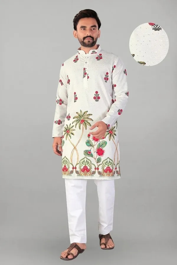 White_Rayon_Straight_Floral_Embroidered_Kurta_For_Men
