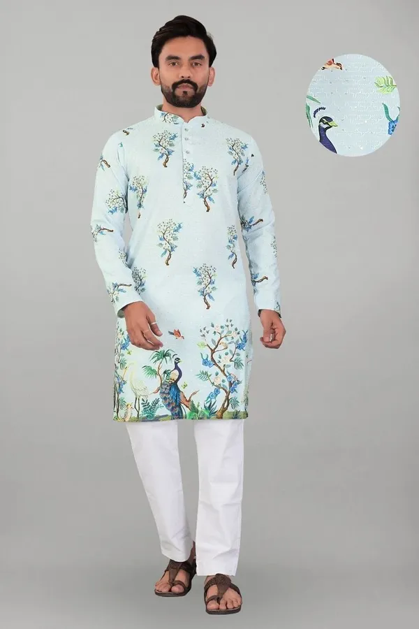 Sky_Blue_Rayon_Straight_Floral_Print_Long_Kurta_For_Men