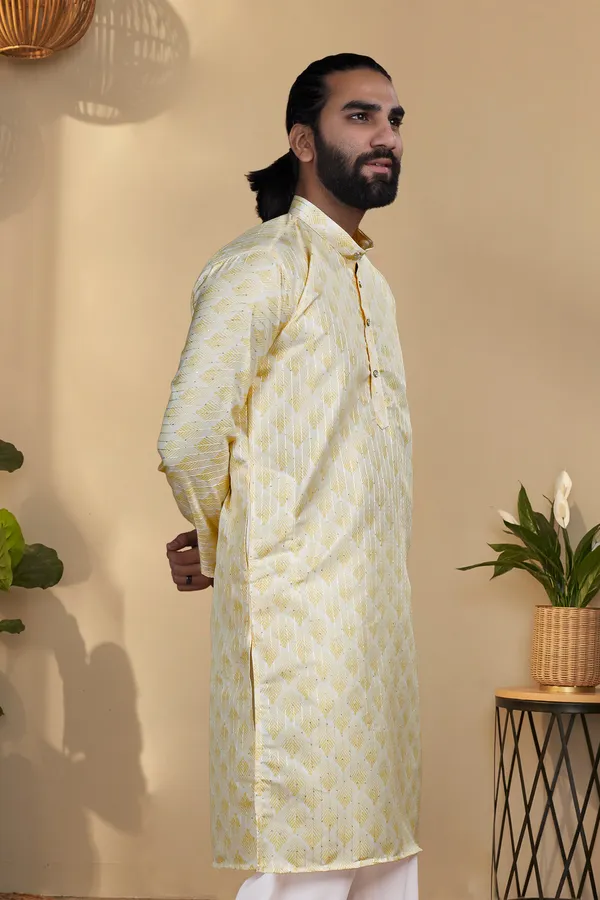 Lemon_Yellow_Rayon_Straight_Jacquard_Kurta_For_Men