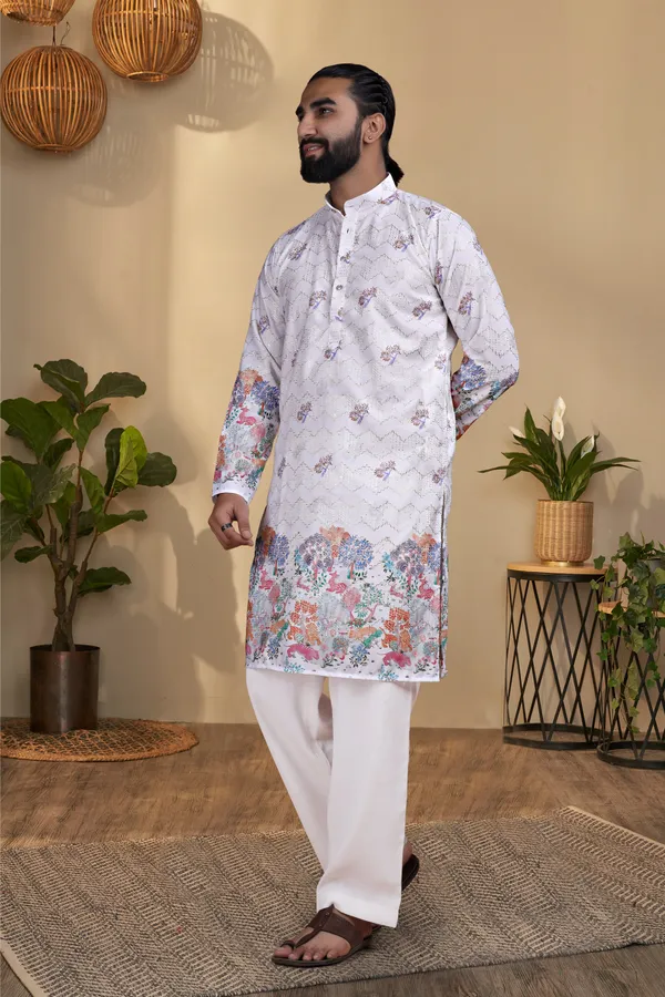 White_Rayon_Floral_Print_Regular_Kurta_For_Men