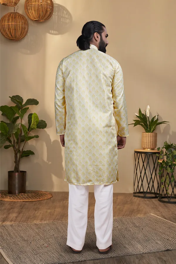 Lemon_Yellow_Rayon_Straight_Jacquard_Kurta_For_Men