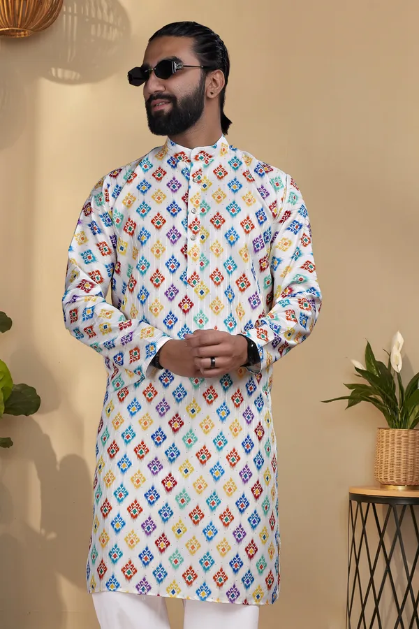 White_Rayon_Regular_Multicolor_Geometric_Print_Kurta_For_Men