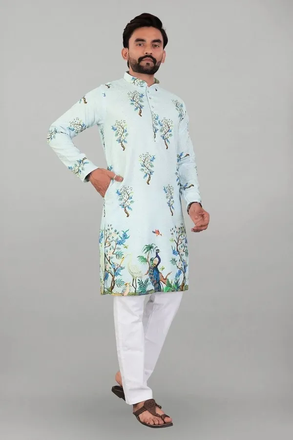 Sky_Blue_Rayon_Straight_Floral_Print_Long_Kurta_For_Men