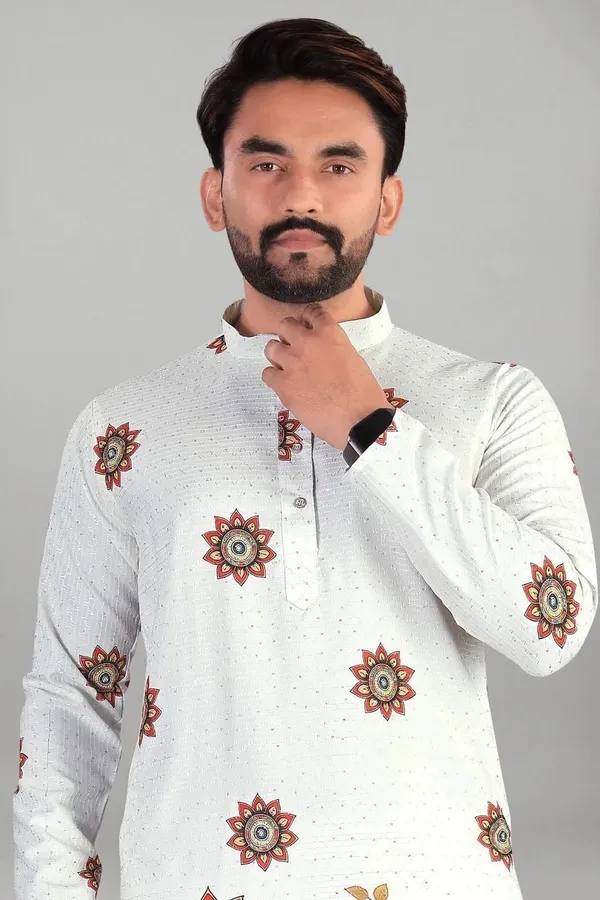 White_Rayon_Straight_Floral_Geometric_Print_Kurta_For_Men