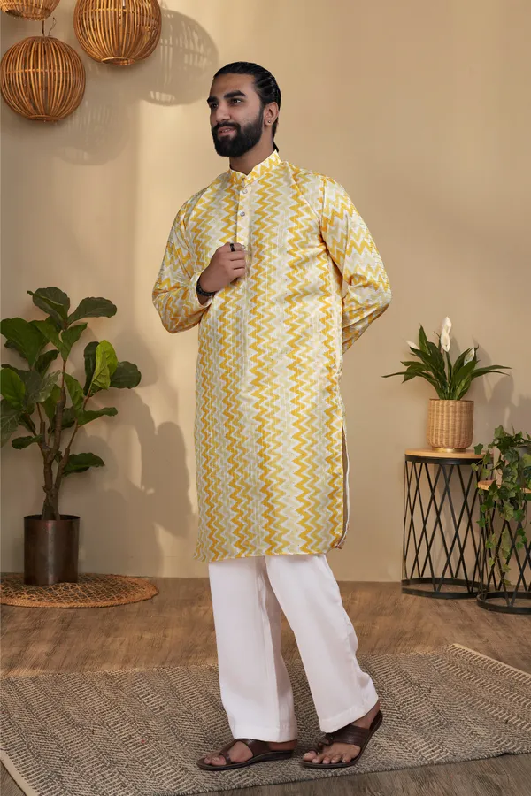 Yellow_Rayon_Zigzag_Print_Regular_Kurta_For_Men