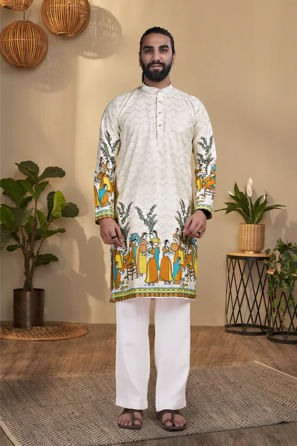 Cream_Rayon_Straight_Madhubani_Print_Kurta_For_Men