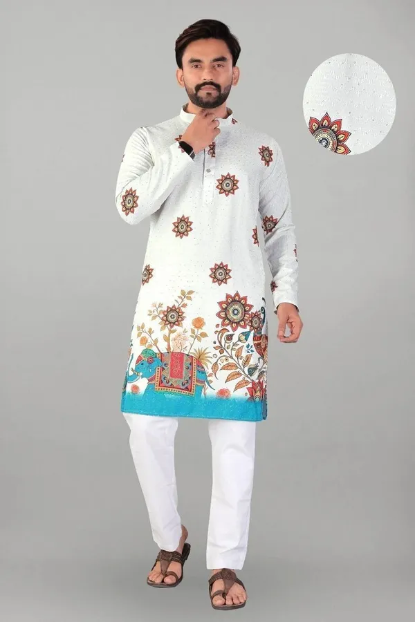 White_Rayon_Straight_Floral_Geometric_Print_Kurta_For_Men
