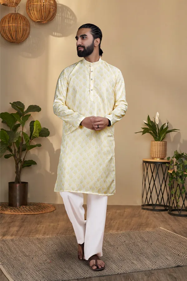 Lemon_Yellow_Rayon_Straight_Jacquard_Kurta_For_Men