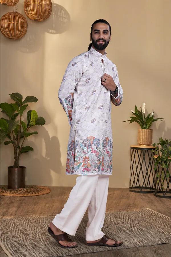 White_Rayon_Floral_Print_Regular_Kurta_For_Men