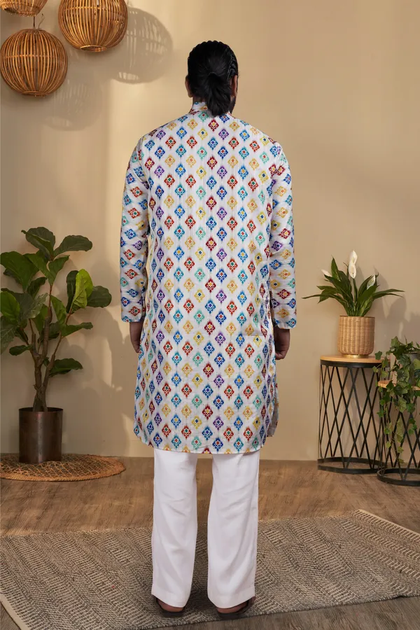 White_Rayon_Regular_Multicolor_Geometric_Print_Kurta_For_Men