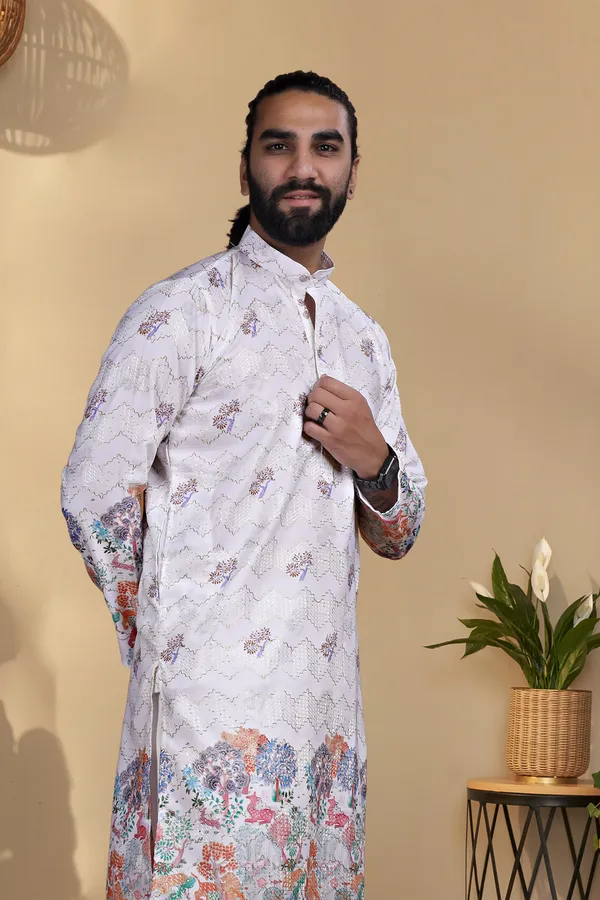 White_Rayon_Floral_Print_Regular_Kurta_For_Men